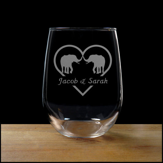 Elephant in Love with Heart Personalized Stemless Wine Glass - Copyright Hues in Glass