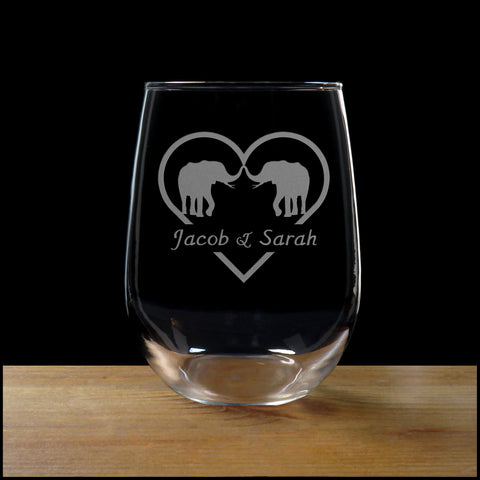 Elephant in Love with Heart Personalized Stemless Wine Glass - Copyright Hues in Glass