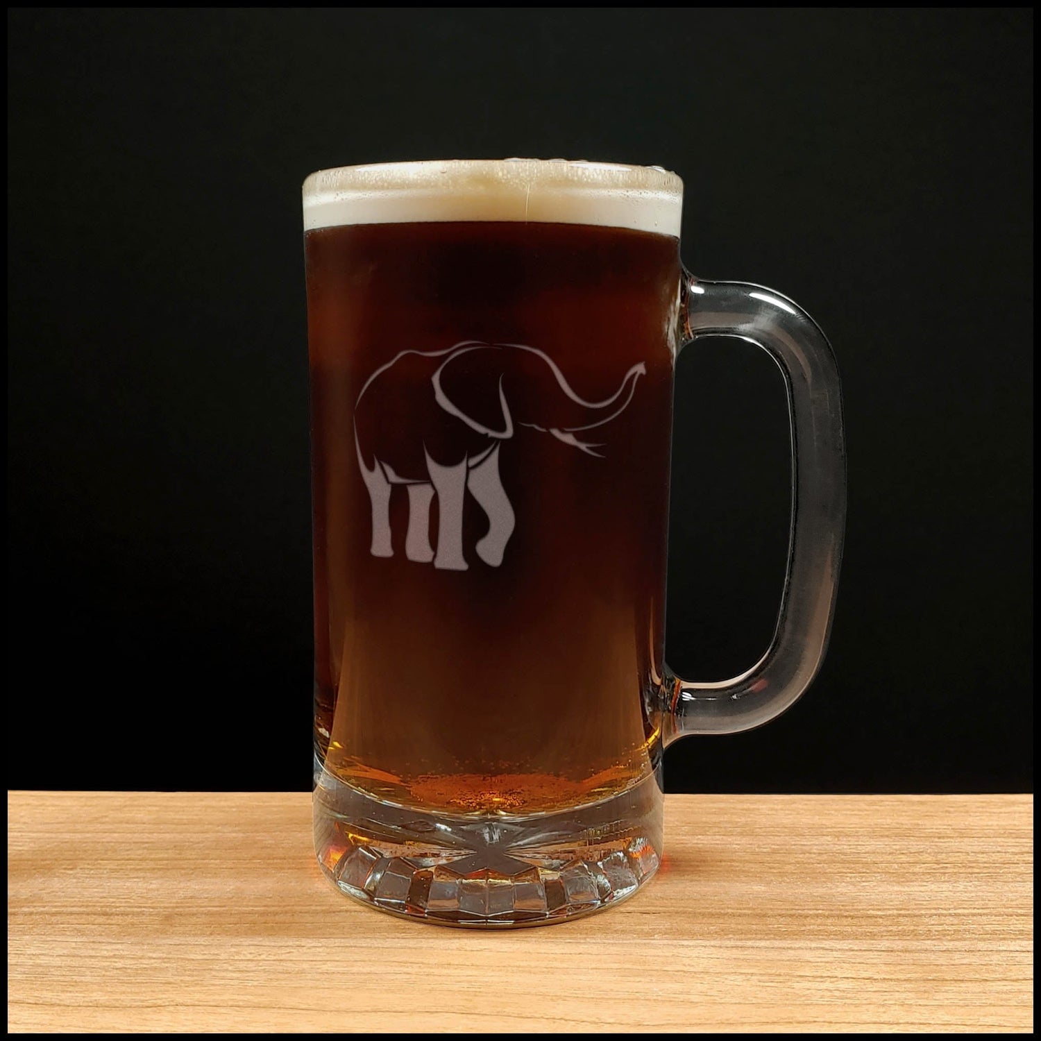 Elephant Beer Mug with Dark Beer - Design 4 - Copyright Hues in Glass