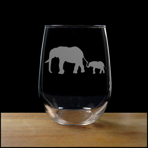 Elephant and Baby Stemless Wine Glass - Copyright Hues in Glass