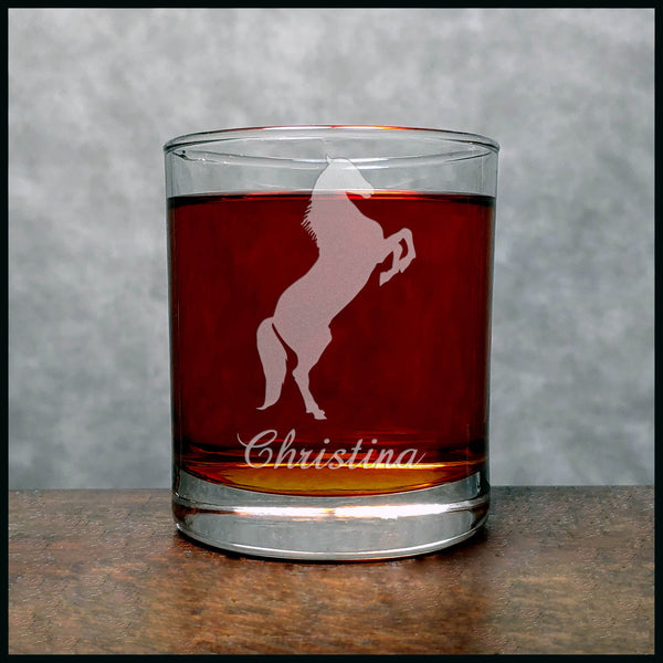 Personalized Prancing Horse Whisky Glass - Copyright Hues in Glass