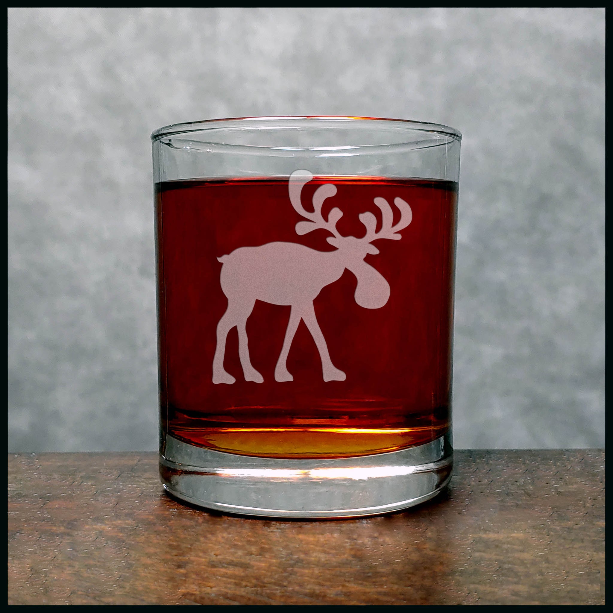 Whimsical Moose Personalized Whisky Glass - Design 2 -  Copyright Hues in Glass