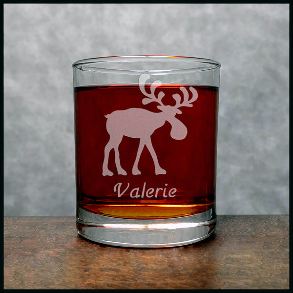 Personalized Whimsical Moose Personalized Whisky Glass - Design 2 - Copyright Hues in Glass