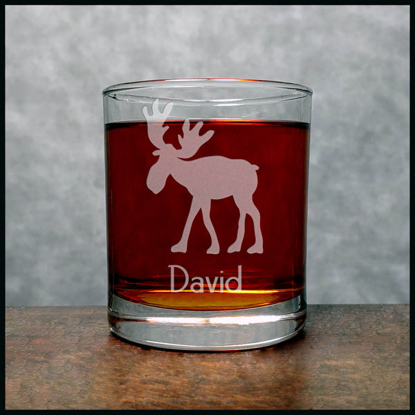 Personalized Whimsical Moose Personalized Whisky Glass - Design 3 - Copyright Hues in Glass