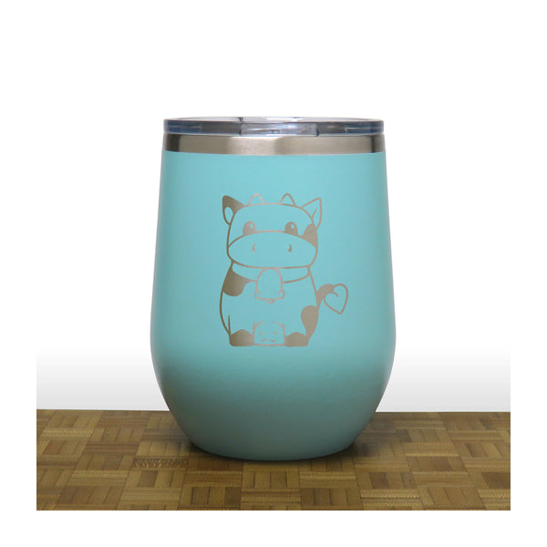 Teal Cute Cow PC 12oz STEMLESS WINE - Copyright Hues in Glass