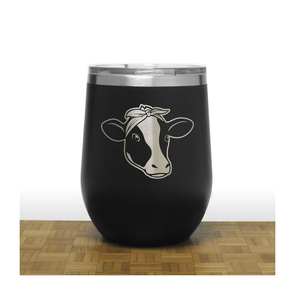 Black - Cow Face with Bandana PC 12oz STEMLESS WINE