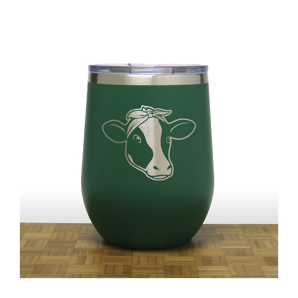 Green - Cow Face with Bandana PC 12oz STEMLESS WINE