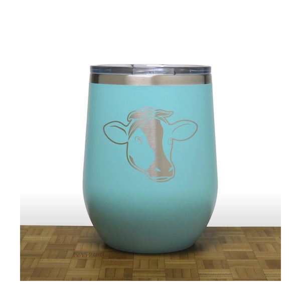 Teal - Cow Face with Bandana PC 12oz STEMLESS WINE