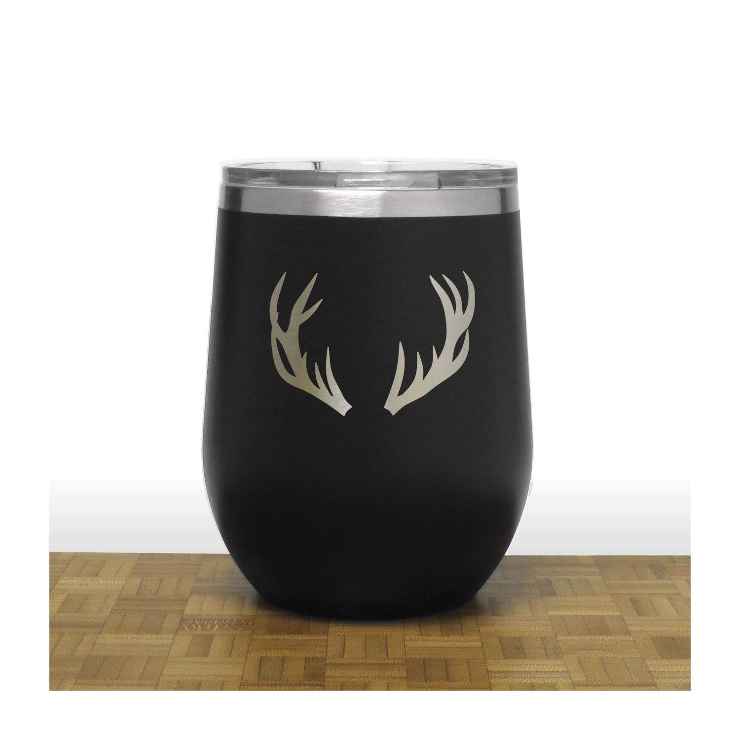 Black - Deer Antlers Design 2 -PC 12oz STEMLESS WINE - Copyright Hues in Glass