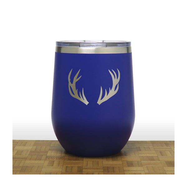 Blue - Deer Antlers Design 2 -PC 12oz STEMLESS WINE - Copyright Hues in Glass