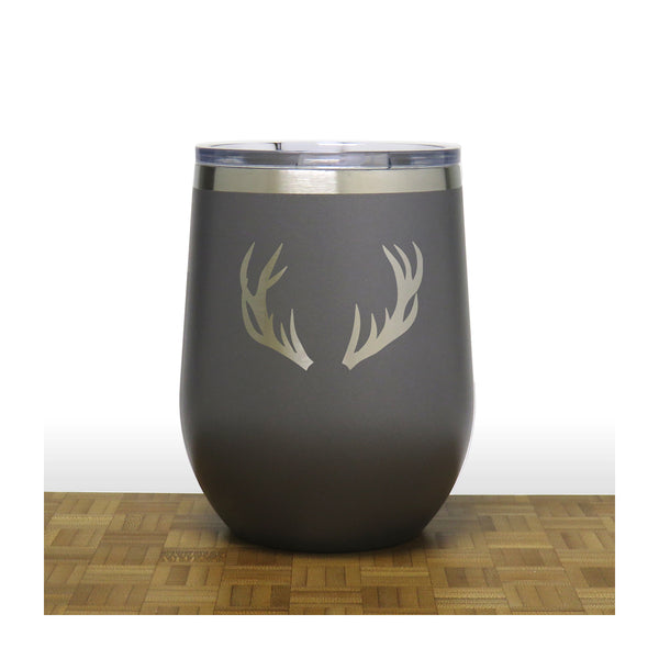 Grey - Deer Antlers Design 2 -PC 12oz STEMLESS WINE - Copyright Hues in Glass