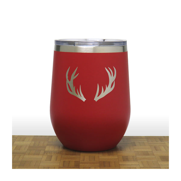 Red - Deer Antlers Design 2 -PC 12oz STEMLESS WINE - Copyright Hues in Glass