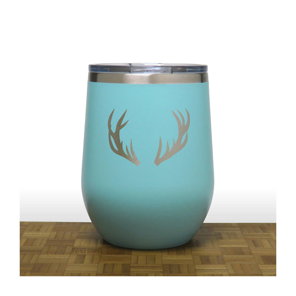 Teal - Deer Antlers Design 2 -PC 12oz STEMLESS WINE - Copyright Hues in Glass