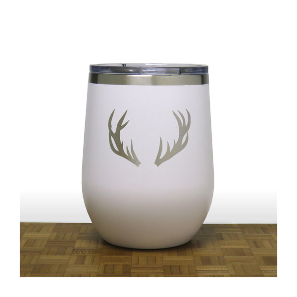 White - Deer Antlers Design 2 -PC 12oz STEMLESS WINE - Copyright Hues in Glass