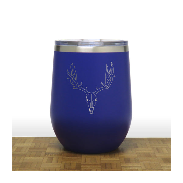 Blue  - Deer Skull and Antlers PC 12oz STEMLESS WINE - Copyright Hues in Glass