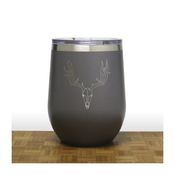 Grey  - Deer Skull and Antlers PC 12oz STEMLESS WINE - Copyright Hues in Glass