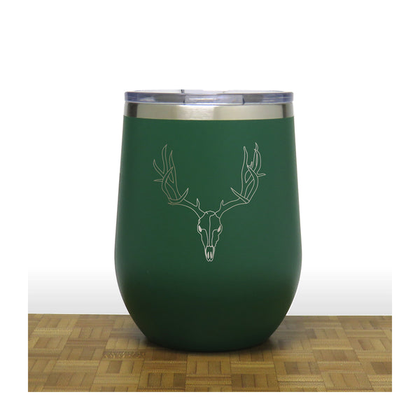 Green  - Deer Skull and Antlers PC 12oz STEMLESS WINE - Copyright Hues in Glass