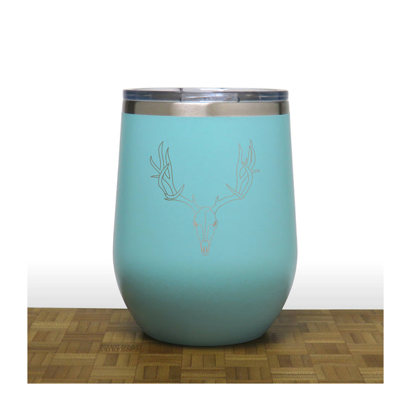 Teal  - Deer Skull and Antlers PC 12oz STEMLESS WINE - Copyright Hues in Glass