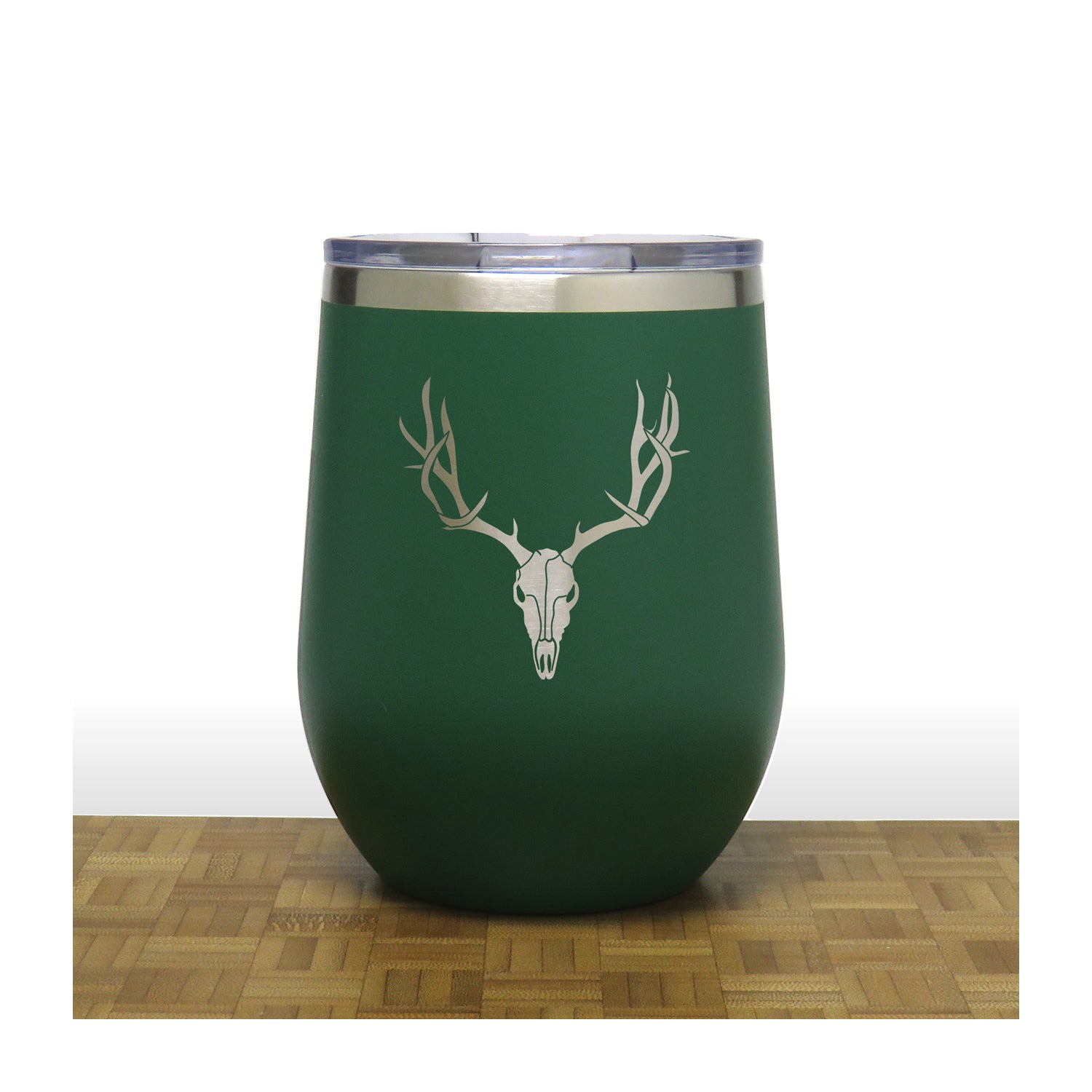 Green - Deer Antler and Skull PC 12oz STEMLESS WINE