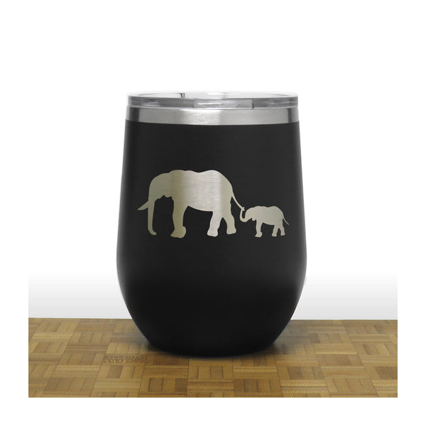 Black - Elephant and Baby PC 12oz STEMLESS WINE - Copyright Hues in Glass