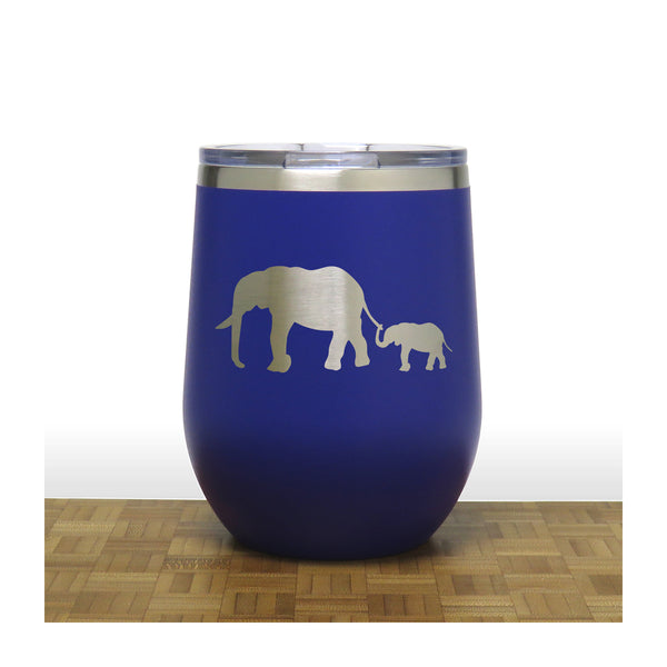 Blue - Elephant and Baby PC 12oz STEMLESS WINE - Copyright Hues in Glass