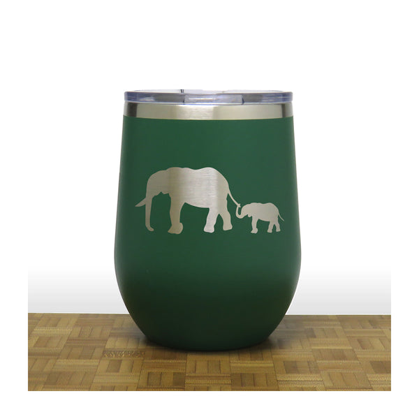 Green - Elephant and Baby PC 12oz STEMLESS WINE - Copyright Hues in Glass