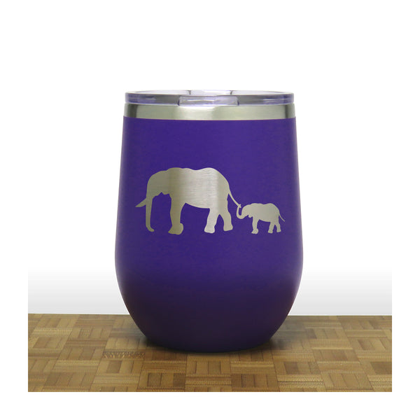 Purple - Elephant and Baby PC 12oz STEMLESS WINE - Copyright Hues in Glass