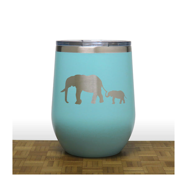 Teal - Elephant and Baby PC 12oz STEMLESS WINE - Copyright Hues in Glass