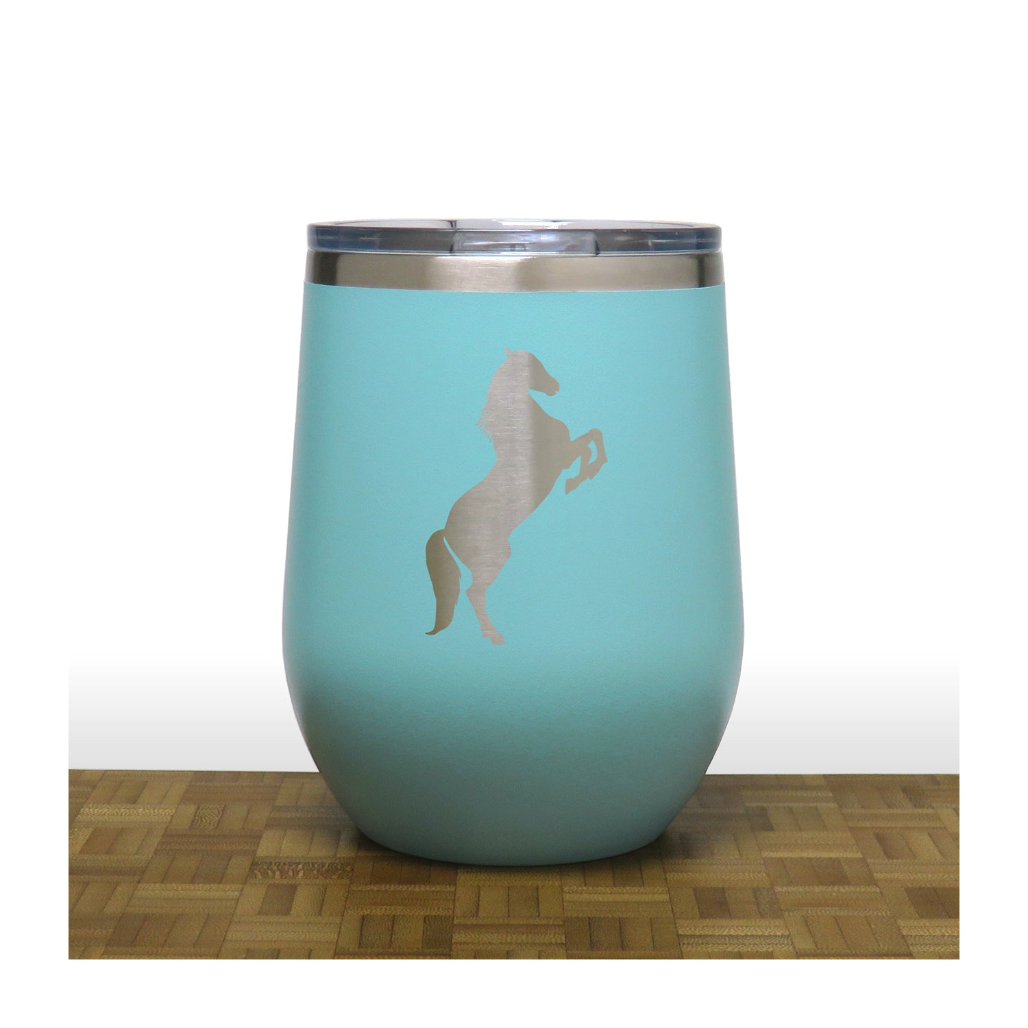 Teal - Prancing Horse PC 12oz STEMLESS WINE - Copyright Hues in Glass