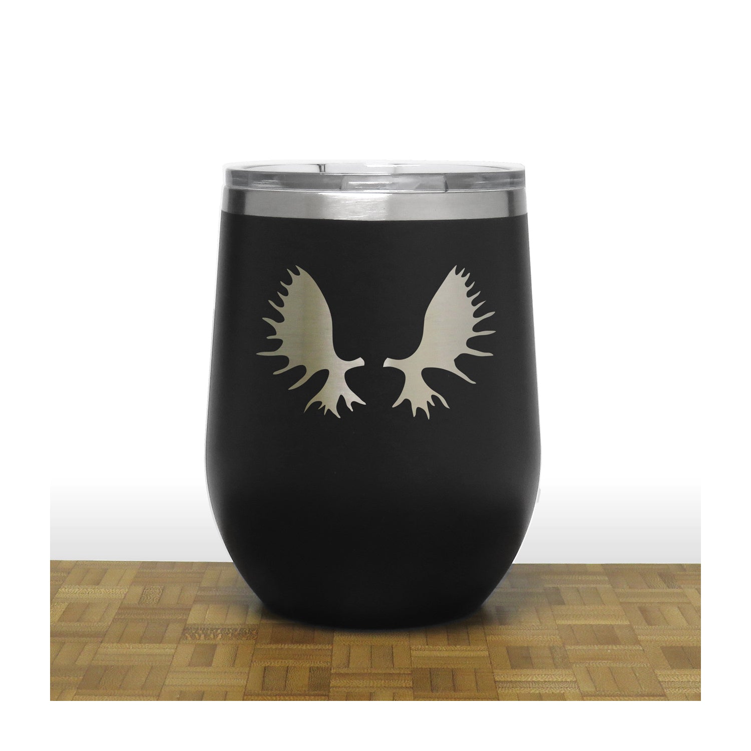 Black  - Moose Antlers PC 12oz STEMLESS WINE - Copyright Hues in Glass