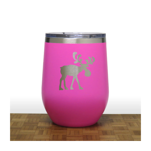 Pink - Whimsical Moose Design 2 12oz STEMLESS WINE - Copyright Hues in Glass