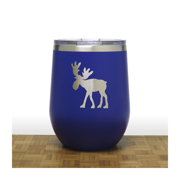 Blue - Whimsical Moose design 3 PC 12oz STEMLESS WINE - Copyright Hues in Glass
