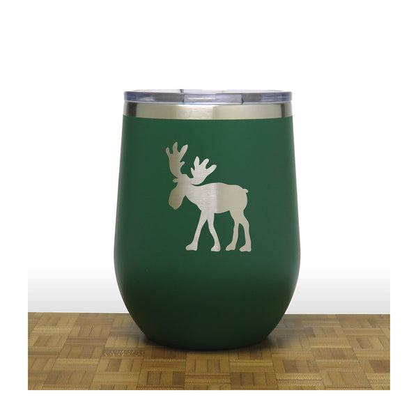 Green - Whimsical Moose design 3 PC 12oz STEMLESS WINE - Copyright Hues in Glass