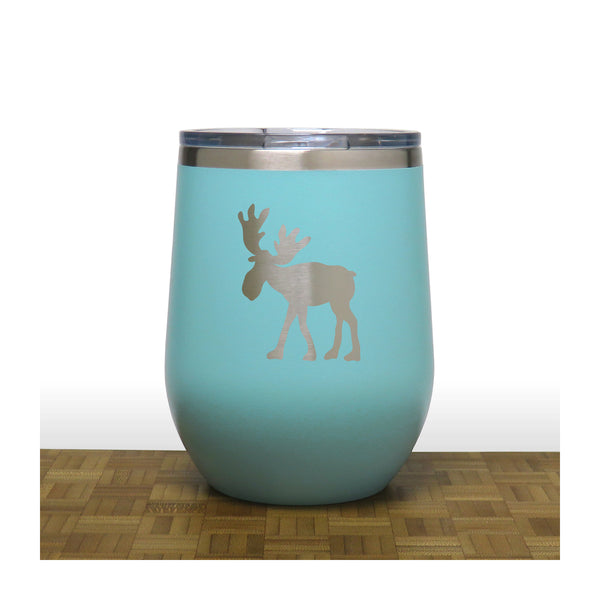 Teal - Whimsical Moose design 3 PC 12oz STEMLESS WINE - Copyright Hues in Glass