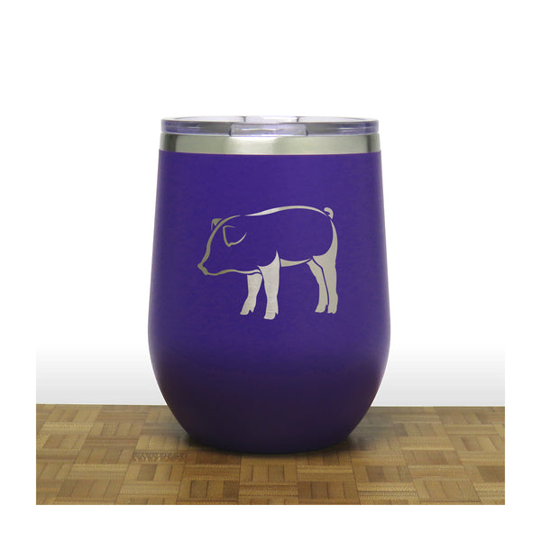 Purple - Pig Design 2 PC 12oz STEMLESS WINE - Copyright Hues in Glass