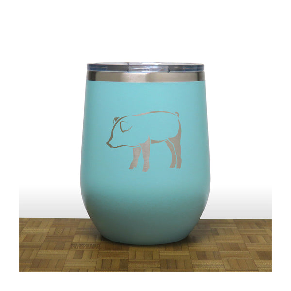 Teal - Pig Design 2 PC 12oz STEMLESS WINE - Copyright Hues in Glass
