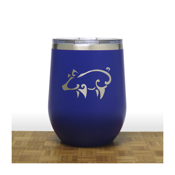 Blue - Pig PC 12oz STEMLESS WINE - Design 3 - Copyright Hues in Glass