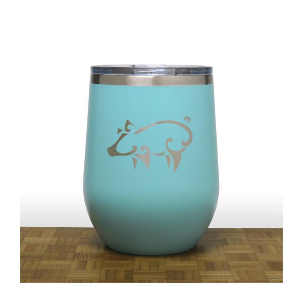 Teal - Pig PC 12oz STEMLESS WINE - Design 3 - Copyright Hues in Glass