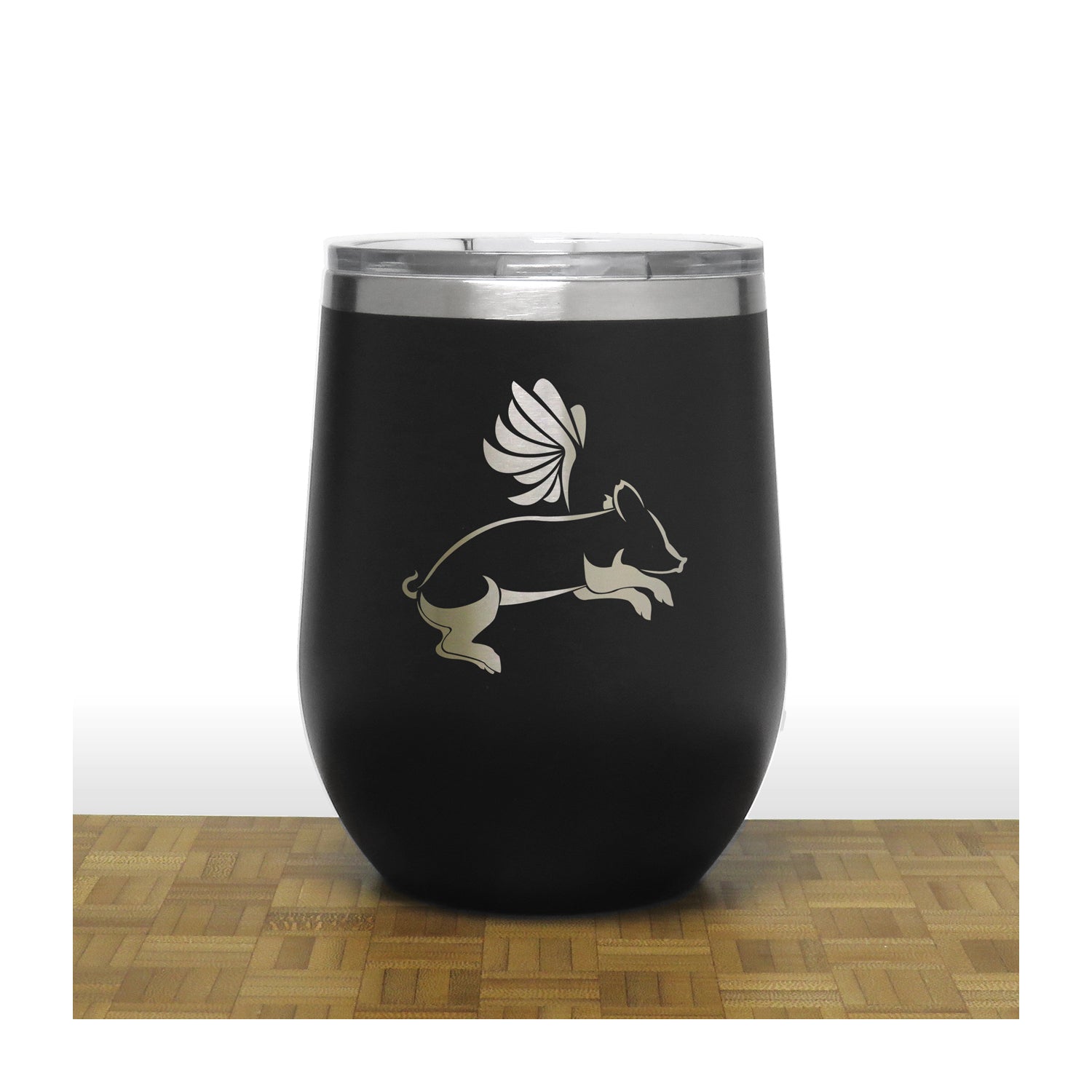 Black - Flying Pig PC 12oz STEMLESS WINE - Design 2 - Copyright Hues in Glass