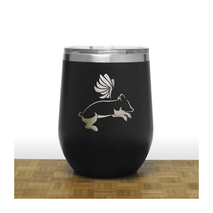 Black - Flying Pig PC 12oz STEMLESS WINE - Design 2 - Copyright Hues in Glass