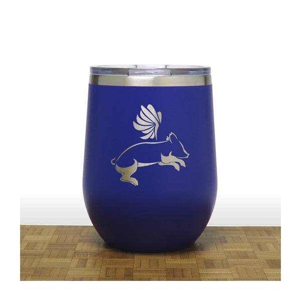 Blue - Flying Pig PC 12oz STEMLESS WINE - Design 2 - Copyright Hues in Glass