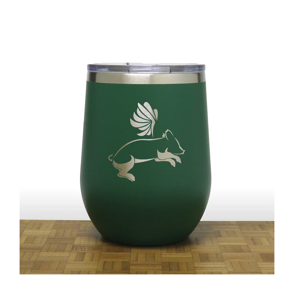 Green - Flying Pig PC 12oz STEMLESS WINE - Design 2 - Copyright Hues in Glass
