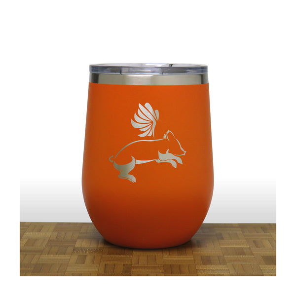 Orange - Flying Pig PC 12oz STEMLESS WINE - Design 2 - Copyright Hues in Glass