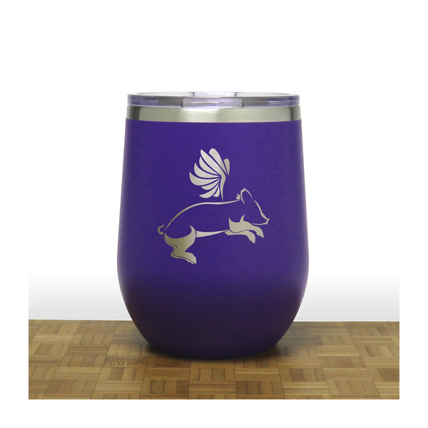 Purple - Flying Pig PC 12oz STEMLESS WINE - Design 2 - Copyright Hues in Glass