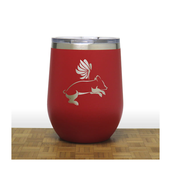 Red - Flying Pig PC 12oz STEMLESS WINE - Design 2 - Copyright Hues in Glass