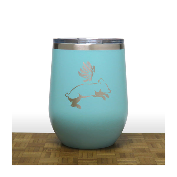 Teal - Flying Pig PC 12oz STEMLESS WINE - Design 2 - Copyright Hues in Glass