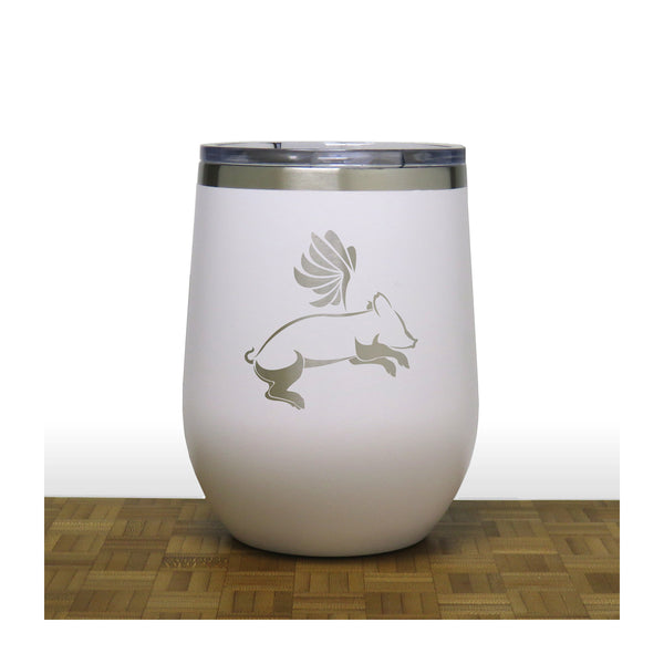 White - Flying Pig PC 12oz STEMLESS WINE - Design 2 - Copyright Hues in Glass