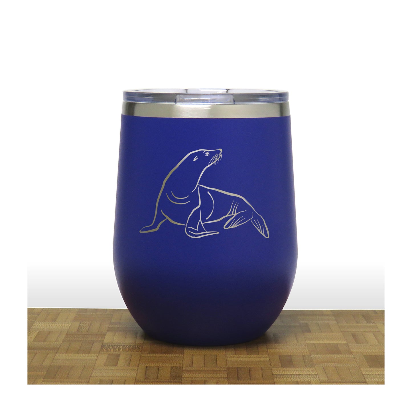 Blue - Sea Lion PC 12oz STEMLESS WINE - Copyright Hues in Glass