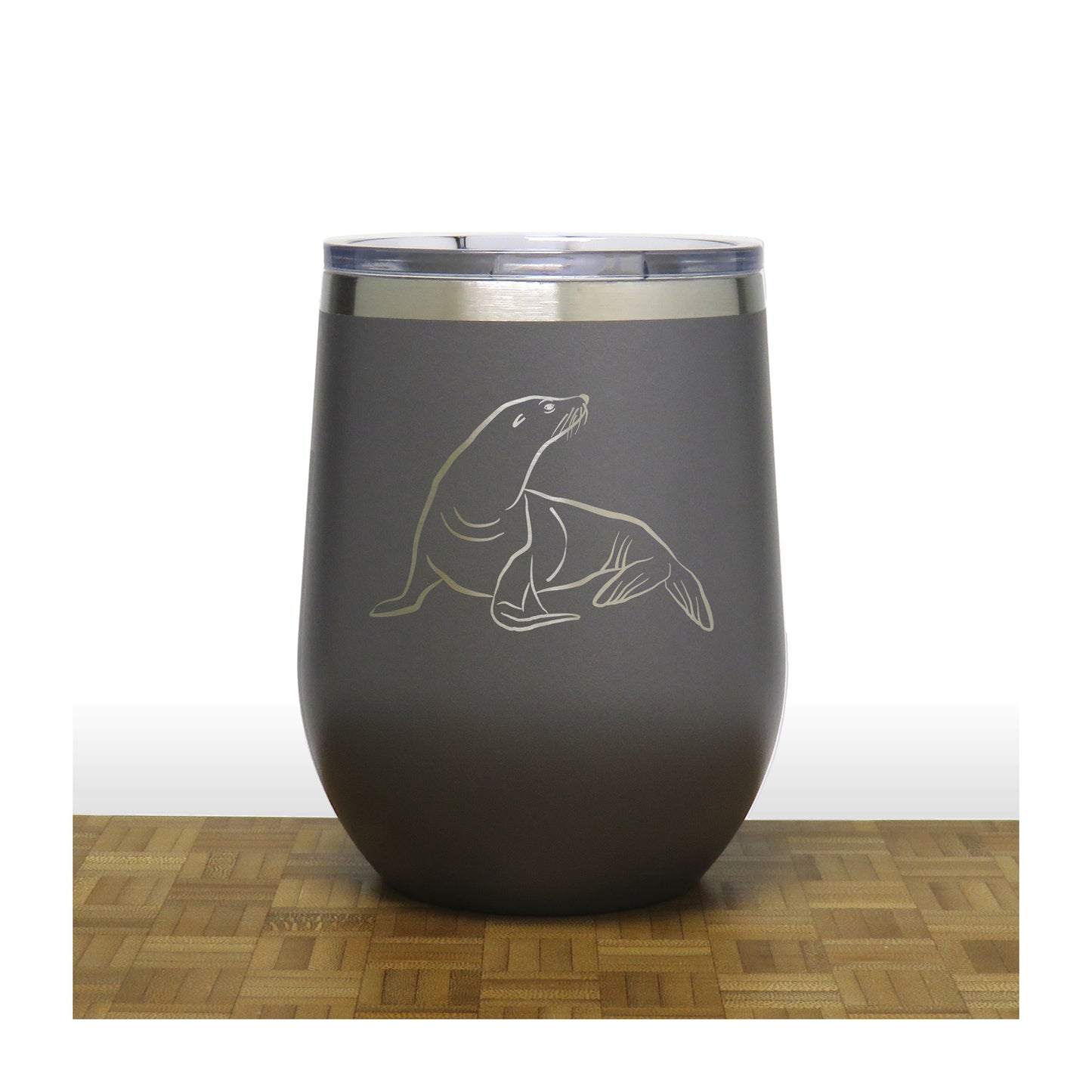 Grey - Sea Lion PC 12oz STEMLESS WINE - Copyright Hues in Glass