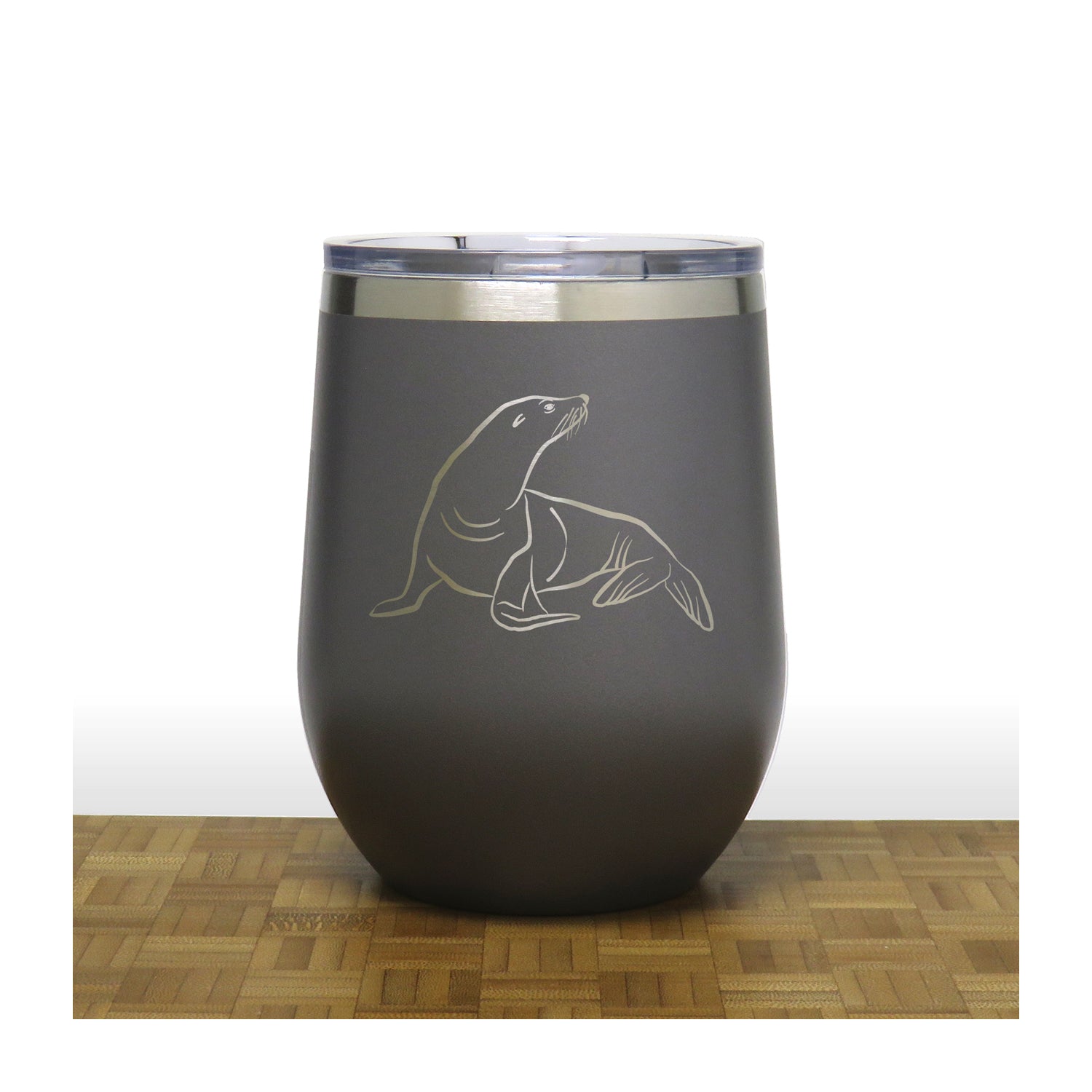 Grey - Sea Lion PC 12oz STEMLESS WINE - Copyright Hues in Glass